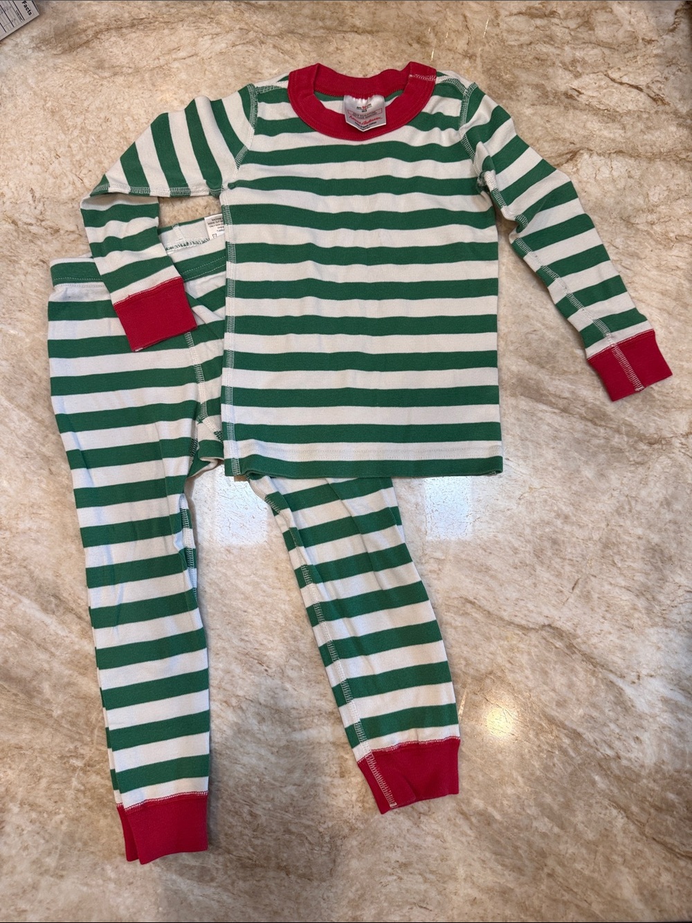 Hanna Andersson Green and White Striped Pajama Set with Red Trim